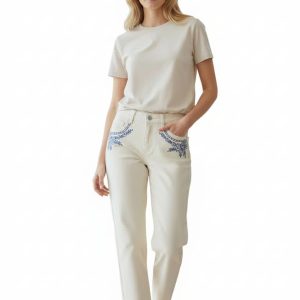Jean droit écru à broderies