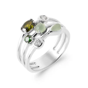 Bague 3 anneaux argent rhodié émeraude et diamants synthétiques