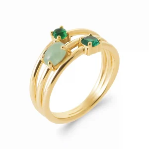 Bague 3 anneaux plaqué or aventurine et émeraudes