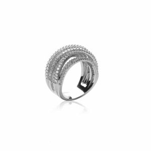 Bague anneaux entrelacés microsertis de zircons argent rhodié