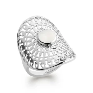 Bague argent rhodié arabesques pierre de lune