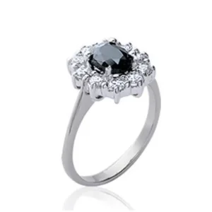 Bague argent rhodié halo pierre noire