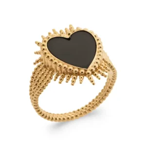 Bague coeur agate noire et rayons de soleil plaqué or
