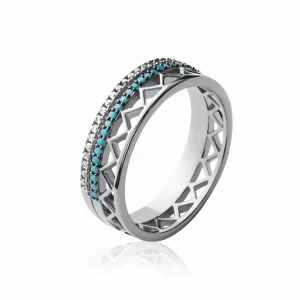 Bague couronne ethnique turquoise argent rhodié