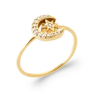 Bague plaqué or lune et étoile serties de diamants synthétiques