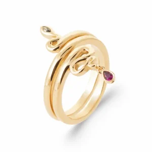 Bague plaqué or serpent à sonnette émeraude et rubis synthétiques