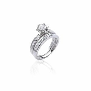 Bague solitaire 2 anneaux zircons argent rhodié