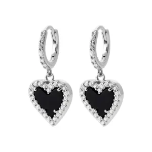 Boucles d’oreilles créoles argent rhodié pampilles coeur agate noire