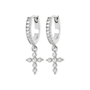 Boucles d’oreilles créoles croix diamants synthétiques argent rhodié