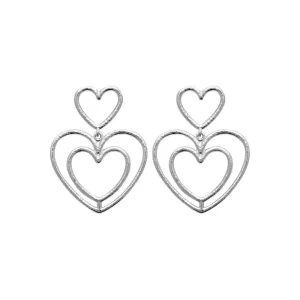 Boucles d’oreilles pendantes coeurs imbriqués brossés argent rhodié