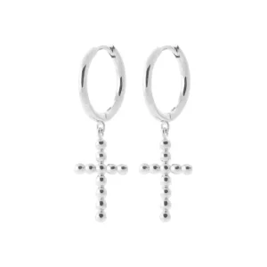 Boucles d’oreilles pendantes croix perles argent rhodié