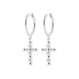 Boucles d’oreilles pendantes croix perles et zircons argent rhodié