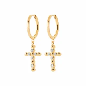 Boucles d’oreilles pendantes croix perles et zircons plaqué or