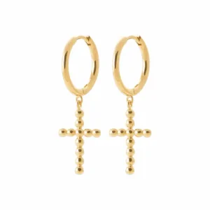 Boucles d’oreilles pendantes croix perles plaqué or