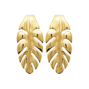 Boucles d’oreilles pendantes feuille tropicale acier inoxydable doré