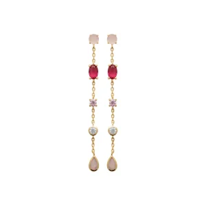 Boucles d’oreilles pendantes plaqué or rubis quartz rose et diamants synthétiques