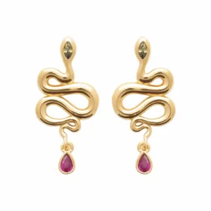 Boucles d’oreilles pendantes plaqué or serpent à sonnette émeraude et rubis synthétiques