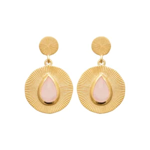Boucles d’oreilles pendantes quartz rose goutte sur pastille