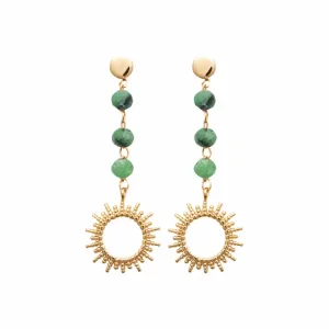 Boucles d’oreilles pendantes soleil plaqué or rubis zoïsite