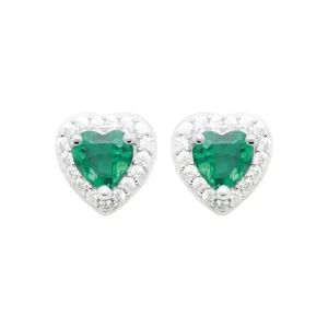 Clous d’oreilles coeur argent rhodié émeraude synthétique