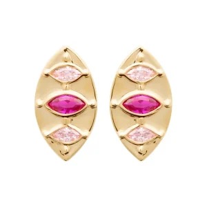 Clous d’oreilles plaqué or losanges rubis et quartz rose synthétiques