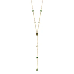 Collier cravate plaqué or émeraude aventurine et diamants synthétiques