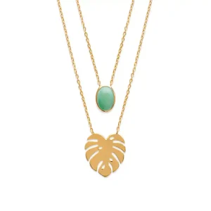 Collier double rang aventurine feuille de palmier tropical plaqué or