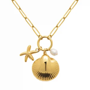Collier étoile de mer coquillage et perle acier inoxydable doré