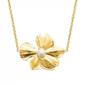 Collier fleur dorée et perle acier inoxydable