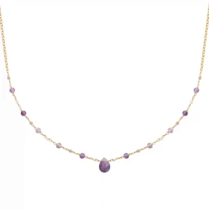 Collier goutte facettée et perles améthystes plaqué or