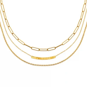 Collier multi-rangs chaînes variées acier inoxydable doré