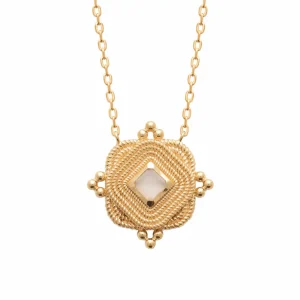 Collier pierre de lune sur carré perlé plaqué or