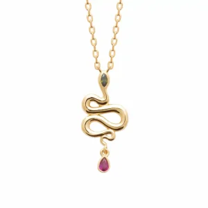 Collier plaqué or serpent à sonnette émeraude et rubis synthétiques