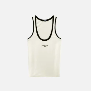 DÉBARDEUR CRÈME-NOIR CÔTÉLÉ À LOGO YASSOUA PARIS