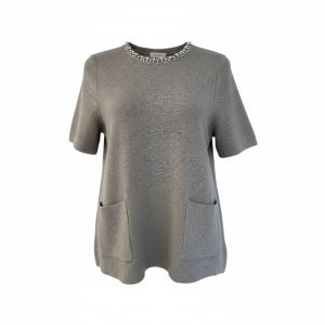 pull t-shirt col à strass gris