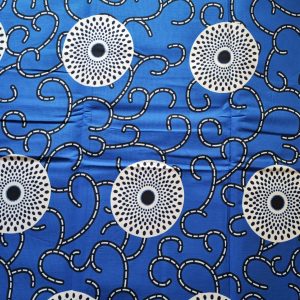 Tissu wax africain motif macaron et disque sur fond bleu