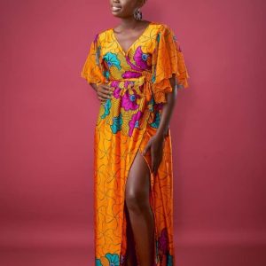 Robe portefeuille longue en soie imprimée