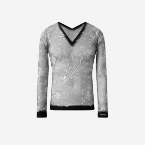 TOP COL V EN MAILLE ARGENTÉ STRETCH