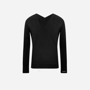 TOP COL V EN MAILLE NOIR STRETCH TEXTURÉE
