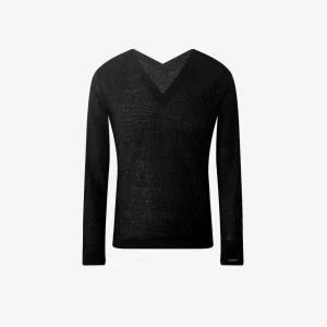 TOP COL V EN MAILLE NOIR À FRANGES