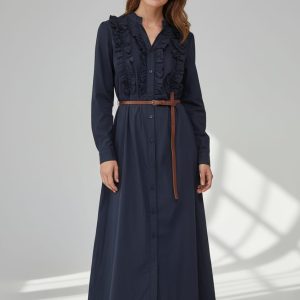 Robe boutonnée à volants bleu marine