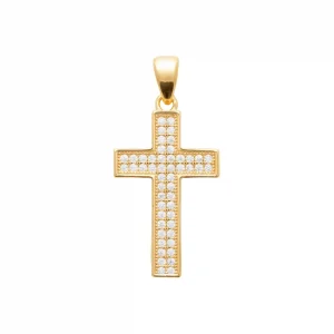 Pendentif croix plaqué or double rangée diamants synthétiques