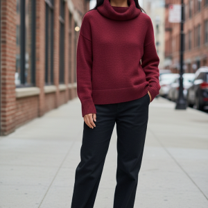 Pull col roulé bordeau