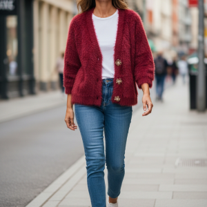 Cardigan doux rouge, Boutons doré a fleur