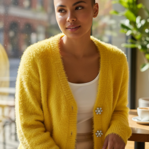 Cardigan doux jaune, Boutons doré a fleur