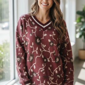 Pull floral bordeau