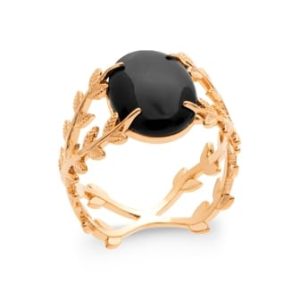 Bague branches de laurier agate noire plaqué or