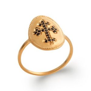 Bague plaqué or croix zircons noirs