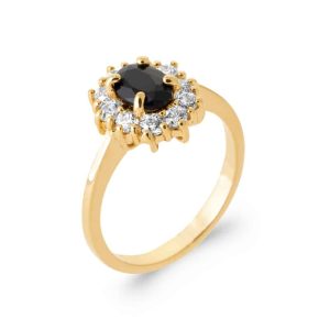 Bague plaqué or halo pierre noire