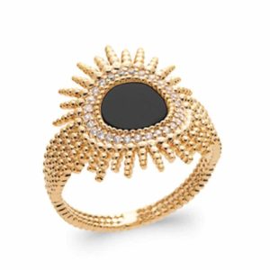Bague soleil agate noire et zircons blancs plaqué or